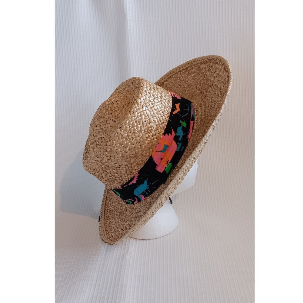 Vintage Made in USA Straw Boater Hat Large Natural Woven Mid Brim Abstract Band